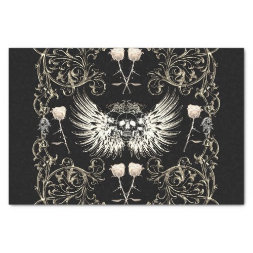 Victorian Gothic Romance Skull Wings  White Roses Tissue Paper