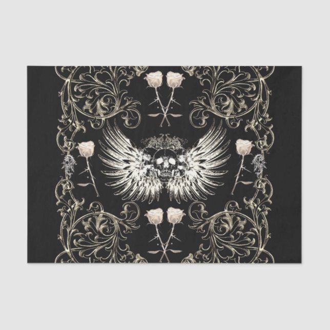 Victorian Gothic Romance Skull Wings & White Roses Tissue Paper (Front)