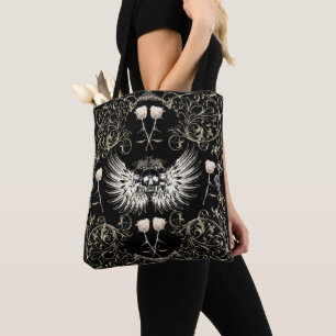 Victorian Gothic Romance Skull Wings & White Roses Tote Bag