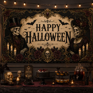 Victorian Gothic Skeleton Black Rose Halloween Banner