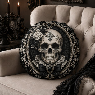 Victorian Gothic Skull Black Ivory Dark Romance Round Pillow