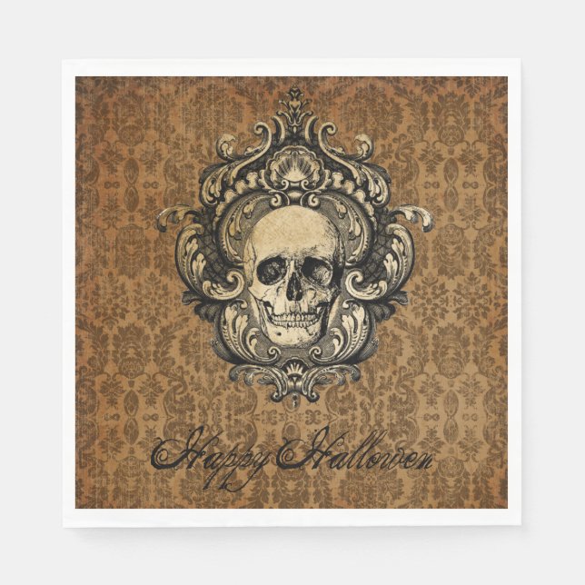 Victorian Gothic Skull  Damask Halloween Card Napkins (Front)