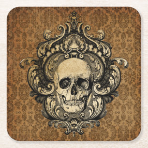 Victorian Gothic Skull Damask Halloween Square Paper Coaster