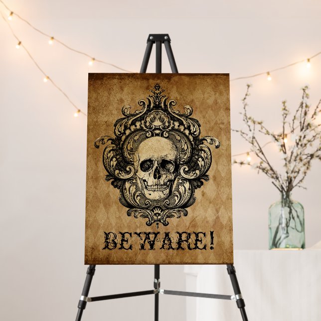 Victorian Gothic Skull Halloween Beware Sign (In Situ (Stand))