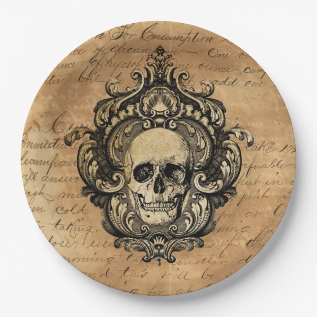 Victorian Gothic Skull Halloween Paper Plates (Front)