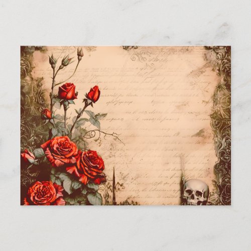 Victorian Gothic Skull Red Roses Halloween Holiday Postcard