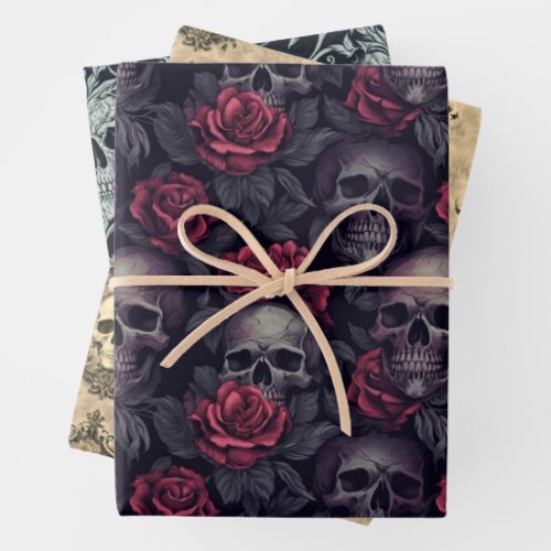 Victorian Gothic Skulls Damask Vintage Wrapping Paper Sheets