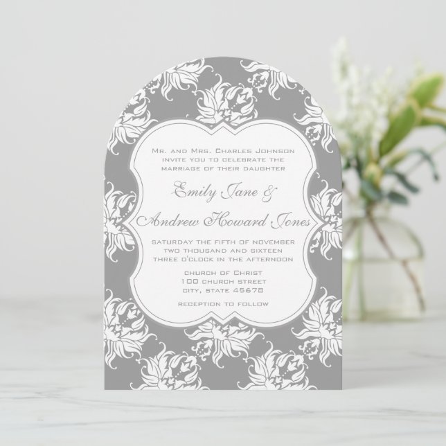Victorian Gray Damask Wedding Invitation (Standing Front)