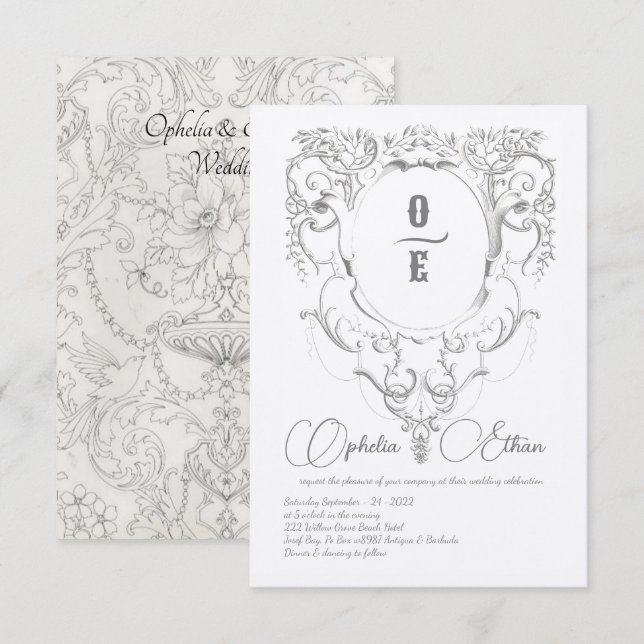 Victorian Gray Monogram crest wedding Invitation (Front/Back)