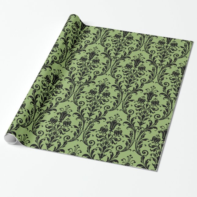 Victorian Green & Black Floral Swirl Damask Wrapping Paper (Unrolled)