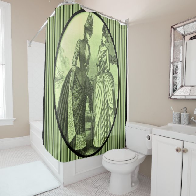 Victorian green stripe lady showercurtain shower curtain (In Situ)