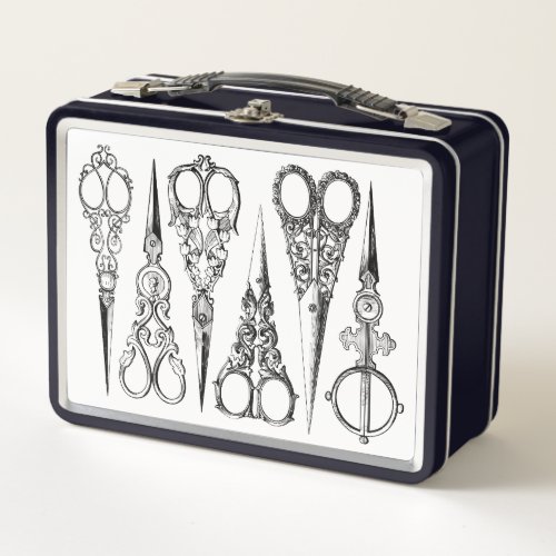 Victorian hairdresser sewing scissors elegant  metal lunch box