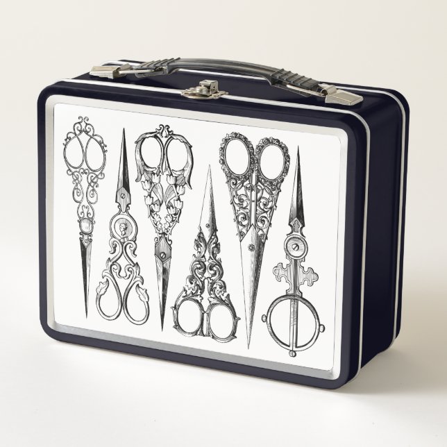 Victorian hairdresser sewing scissors elegant  metal lunch box (Front)