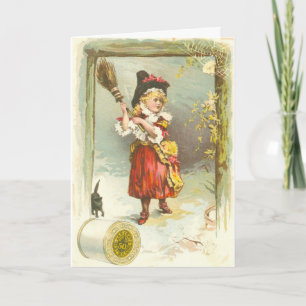 Victorian Halloween card with girl witch and cat