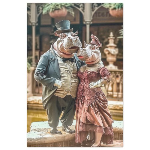 Victorian Hippo Couple Decoupage  Tissue Paper