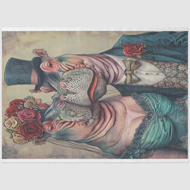 Victorian Hippo Couple in Teal Attire Decoupage  Tissue Paper (Front)