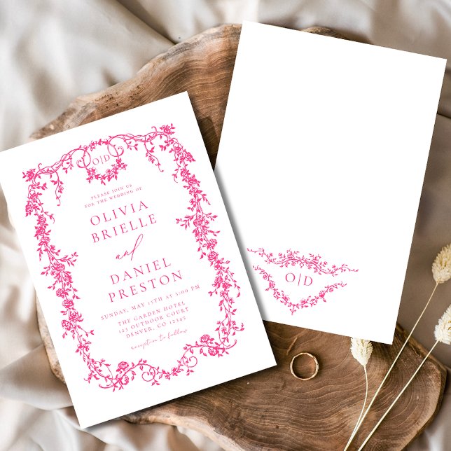 Victorian Hot Pink Floral Wedding Monogram Invitation (Creator Uploaded)