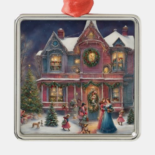 Victorian House Ladies Children on Christmas Eve Metal Ornament