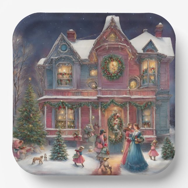 Victorian House, Ladies, Children on Christmas Eve Paper Plates (Front)