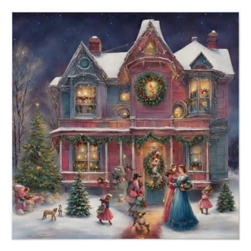 Victorian House Ladies Children on Christmas Eve Poster