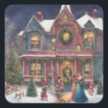 Victorian House, Ladies, Children on Christmas Eve Square Sticker<br><div class="desc">Victorian christmas illustration</div>