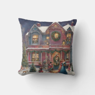 Victorian House, Ladies, Children on Christmas Eve Throw Pillow