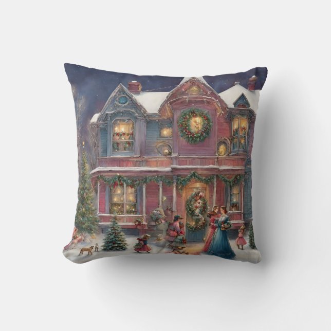 Victorian House, Ladies, Children on Christmas Eve Throw Pillow (Front)