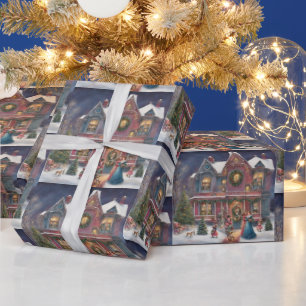 Victorian House, Ladies, Children on Christmas Eve Wrapping Paper