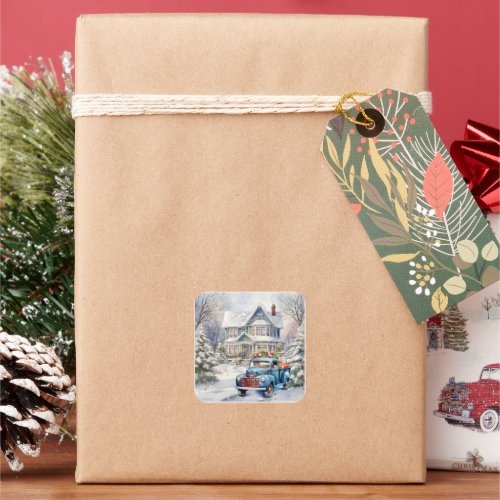 Victorian House Vintage Blue Truck Christmas Gifts Square Sticker