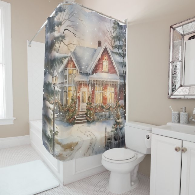 Victorian House Winter Scene Snow Shower Curtain (In Situ)