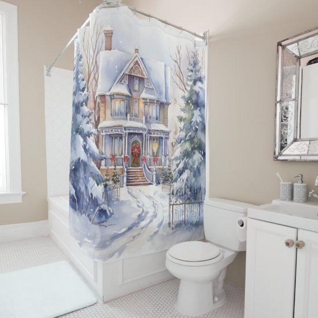 Victorian House Winter Scene Snow Shower Curtain (In Situ)