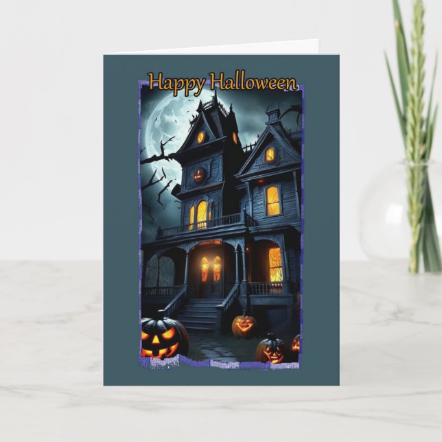 Victorian House with Balconies Halloween Card (Front)