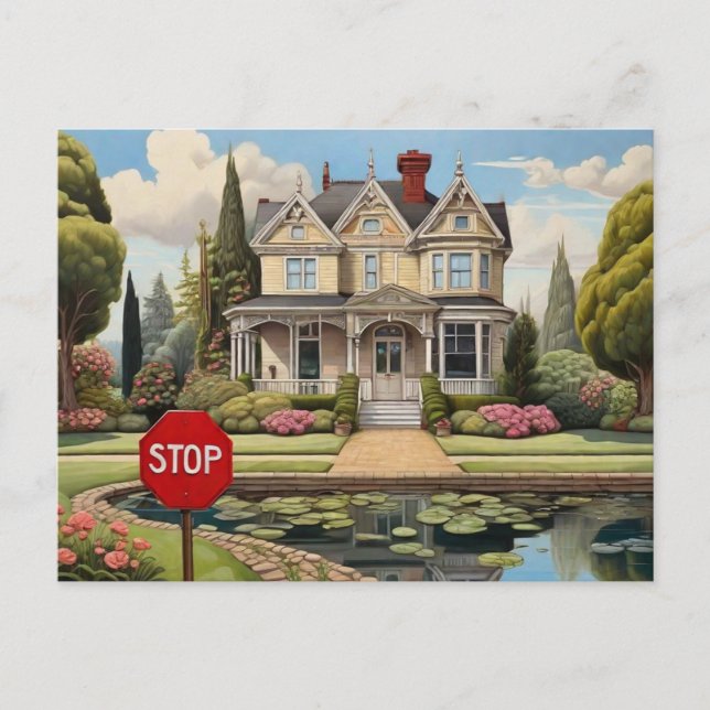 Victorian house with stop sign by it postcard (Front)