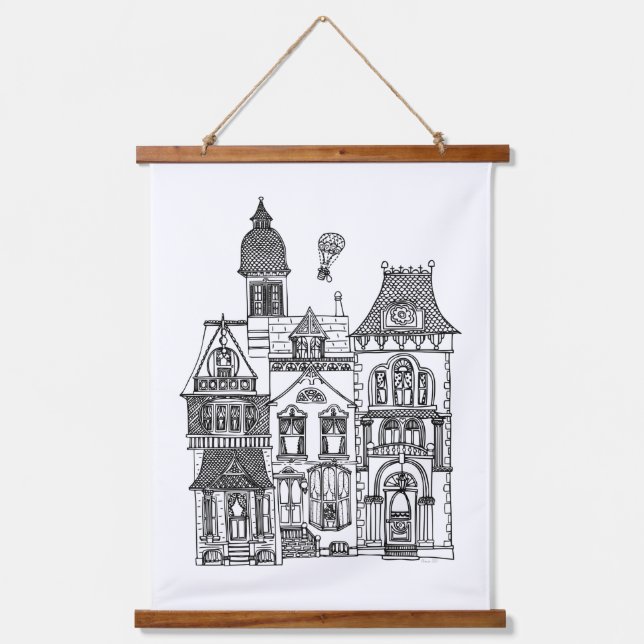 Victorian Houses Line Art You Color Hanging Tapestry (Front)
