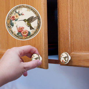 Victorian Hummingbird in a Circle Floral Frame Ceramic Knob