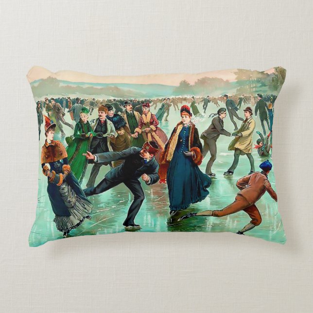Victorian ice skating vintage winter scene accent pillow (Front)