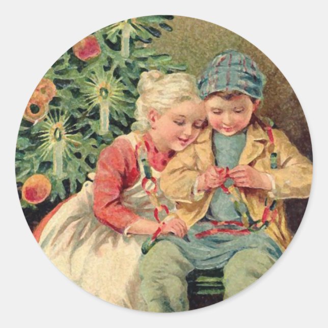 Victorian Illustration on Christmas Cards Classic Round Sticker (Front)