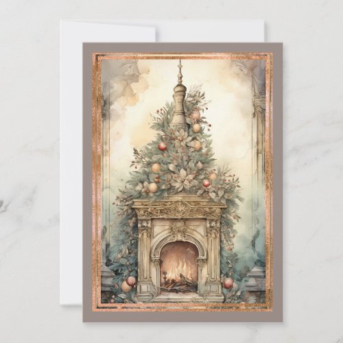 Victorian Indoor Fireplace Christmas Tree  Holiday Card