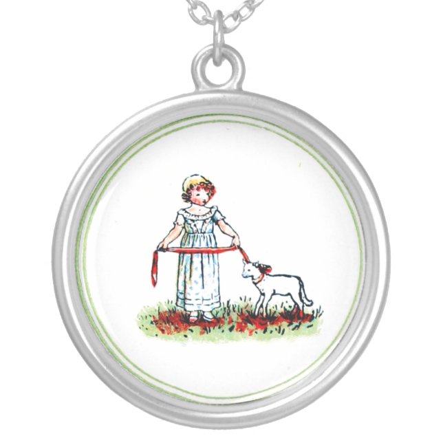 Victorian Kate Greenaway Little Girl and lamb Silver Plated Necklace (Front)