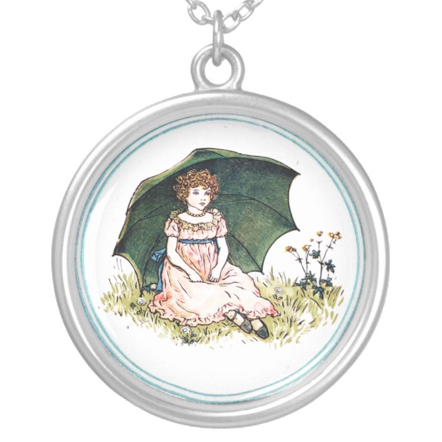 Victorian Kate Greenaway Little Girl and Umbrella Silver Plated Necklace (Front)