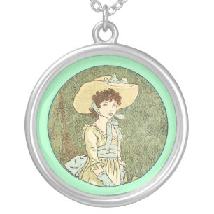 Victorian Kate Greenaway Little Girl Silver Plated Necklace