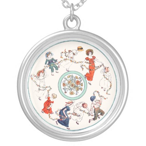 Victorian Kate Greenaway Little Girls Dancing Silver Plated Necklace