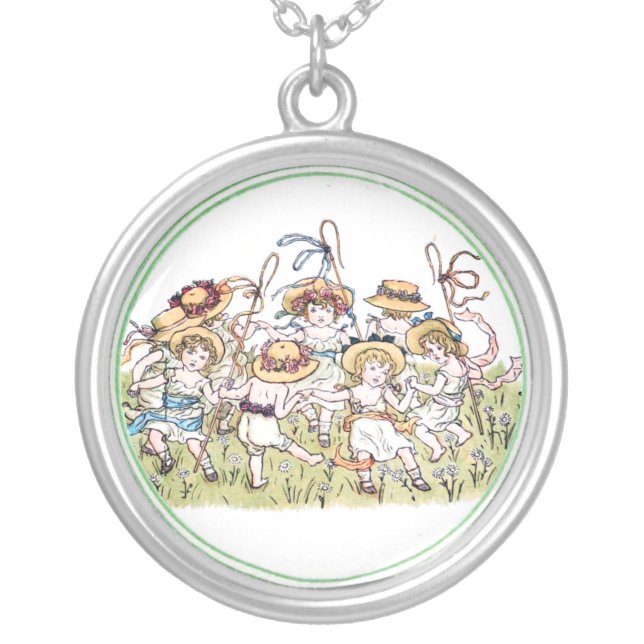 Victorian Kate Greenaway Little Girls Dancing Silver Plated Necklace (Front)