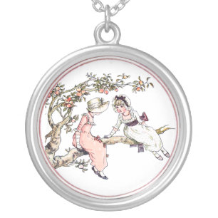 Victorian Kate Greenaway Little Girls in Tree Silver Plated Necklace
