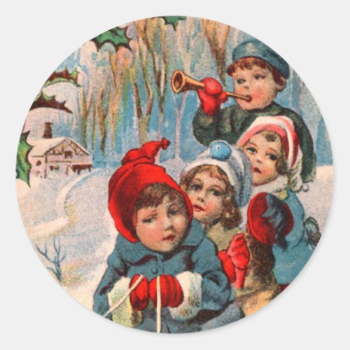 Victorian Kids Sledding Christmas Stickers