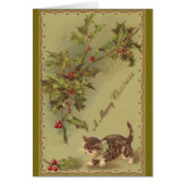Victorian Kitten and Holly Christmas Greeting Card (Front)