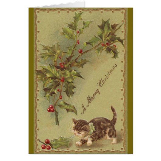 Victorian Kitten and Holly Christmas Greeting Card (Front)