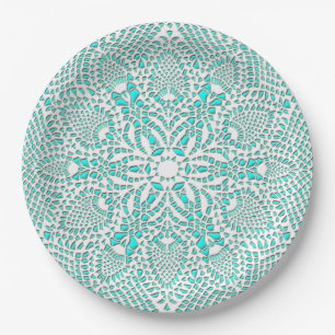 Victorian Lace Doily Turquoise Background Paper Plates
