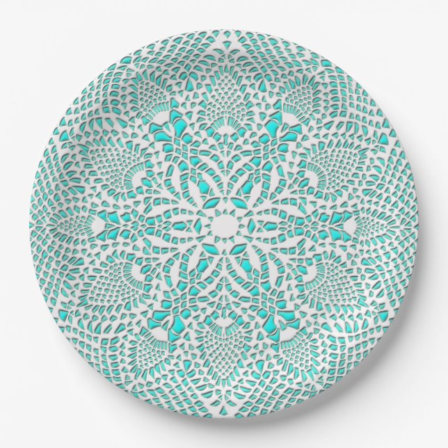 Victorian Lace Doily Turquoise Background Paper Plates (Front)