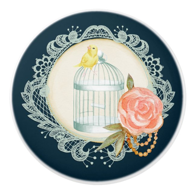 Victorian Lace Roses Gold Birdcage Canary Knobs (Front)